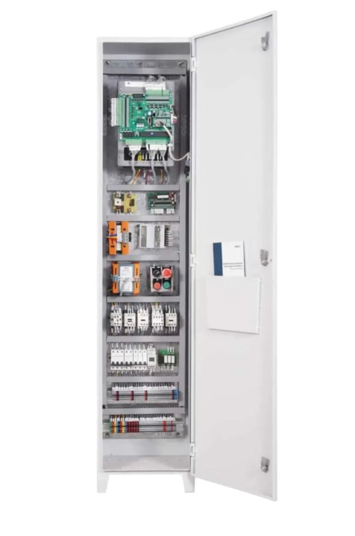 Open elevator control panel showing the integrated drive board, contactors and terminals