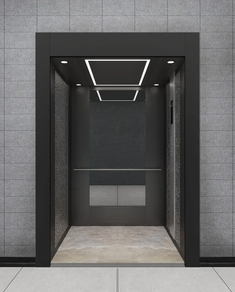 Charcoal cabin seen through a dark landing frame, with etched steel side panels
