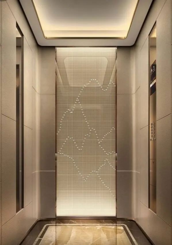 Champagne-gold cabin with an etched rear panel and an onyx-pattern floor