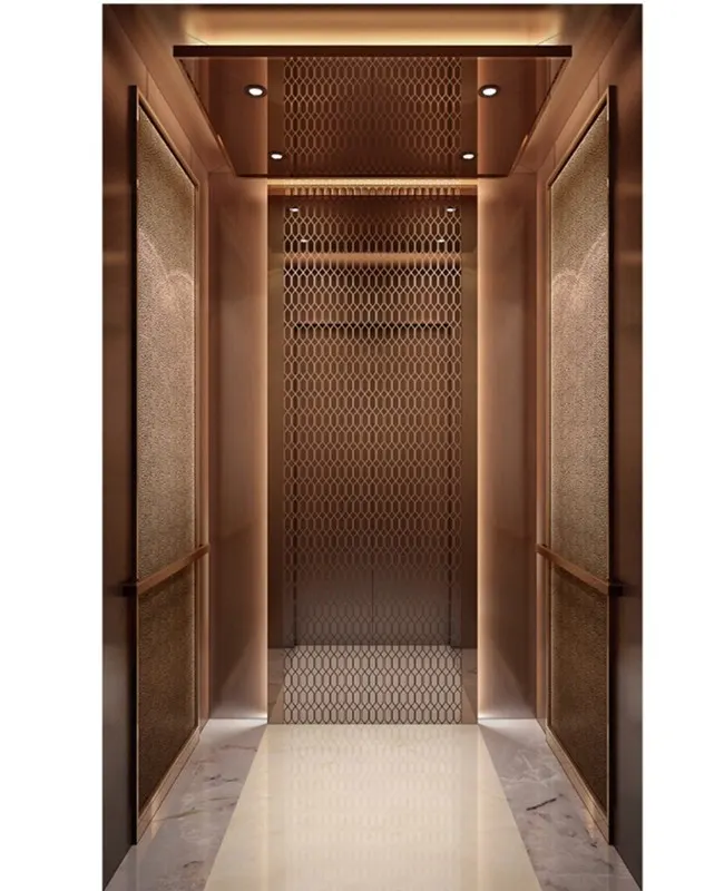 Rose-gold cabin with perforated mesh screens and a marble floor
